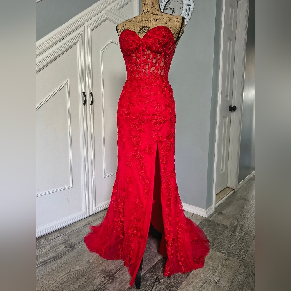 Sherri Hill Vibrant Red Lace Dress